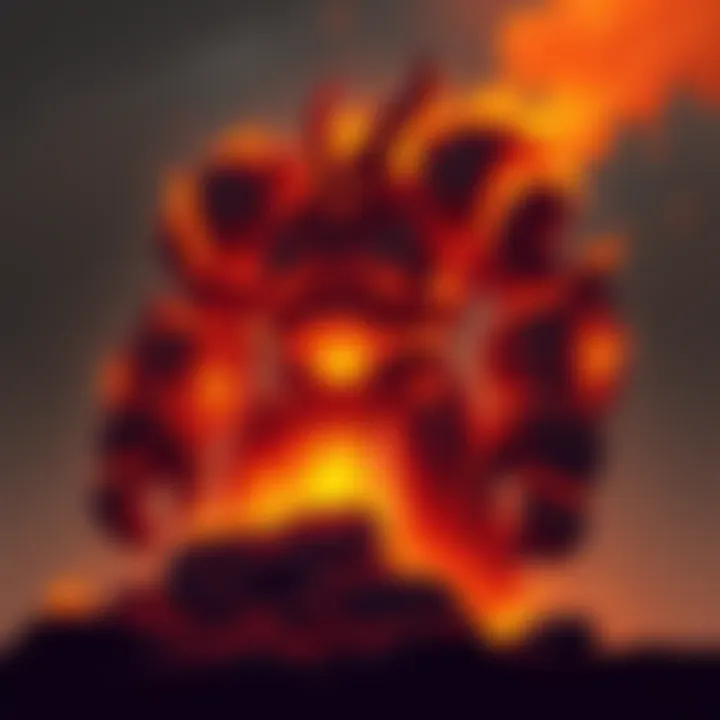 A fiery golem made of molten rock and flames stands tall, glowing with intense heat.