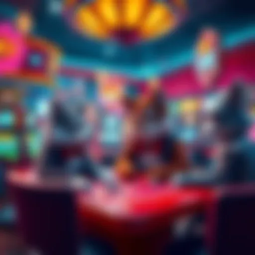 A whimsical scene of furries playing games in a colorful casino, surrounded by neon lights and hotel decor, depicting a humorous version of Hell.
