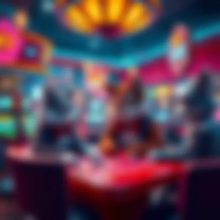 A whimsical scene of furries playing games in a colorful casino, surrounded by neon lights and hotel decor, depicting a humorous version of Hell.