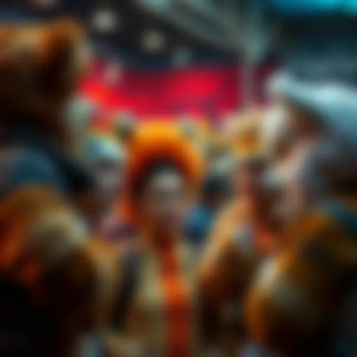 A group of people wearing fursuits engage in a heated discussion at a public event, with expressions showing diverse opinions on the topic.