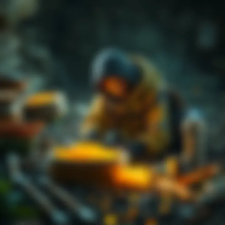 A player character efficiently gathering fused materials in an endgame setting, surrounded by resources and tools.