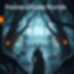 A character in armor explores a dark, mysterious forest with elements from Hollow Knight and Dark Souls, featuring gothic architecture and eerie creatures.