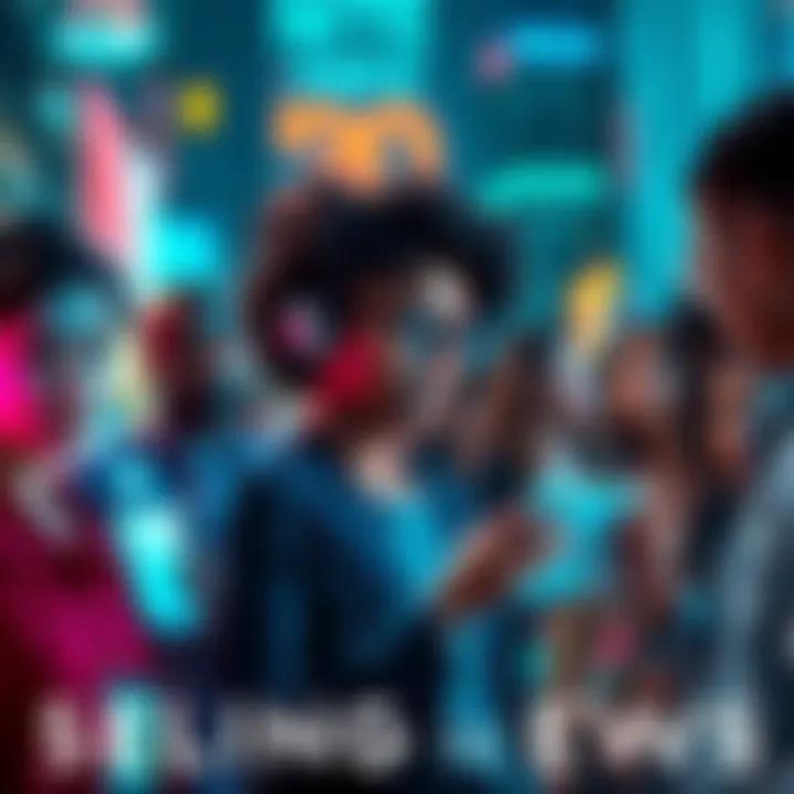 A group of diverse people engaging with advanced technology in a vibrant urban setting, symbolizing the changing dynamics of society and culture.