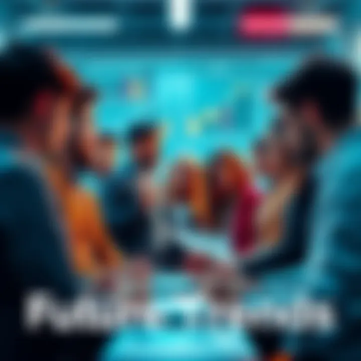 Future Trends A group of diverse people discussing future trends in technology and society, surrounded by charts and graphs.