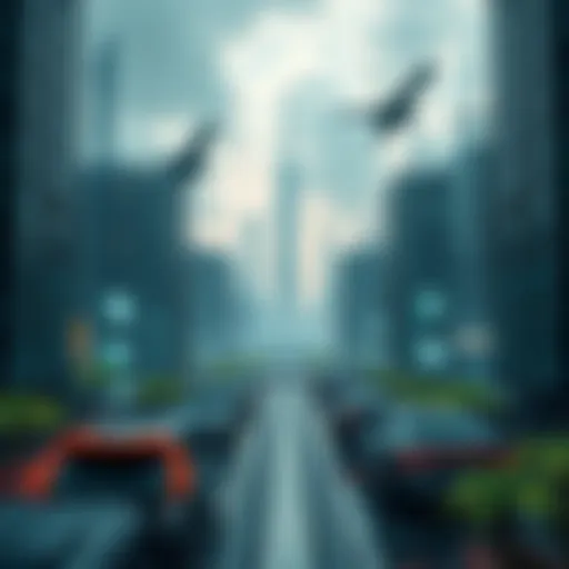 A futuristic city skyline with advanced technology, such as flying cars and green spaces, illustrating upcoming trends and lifestyles.