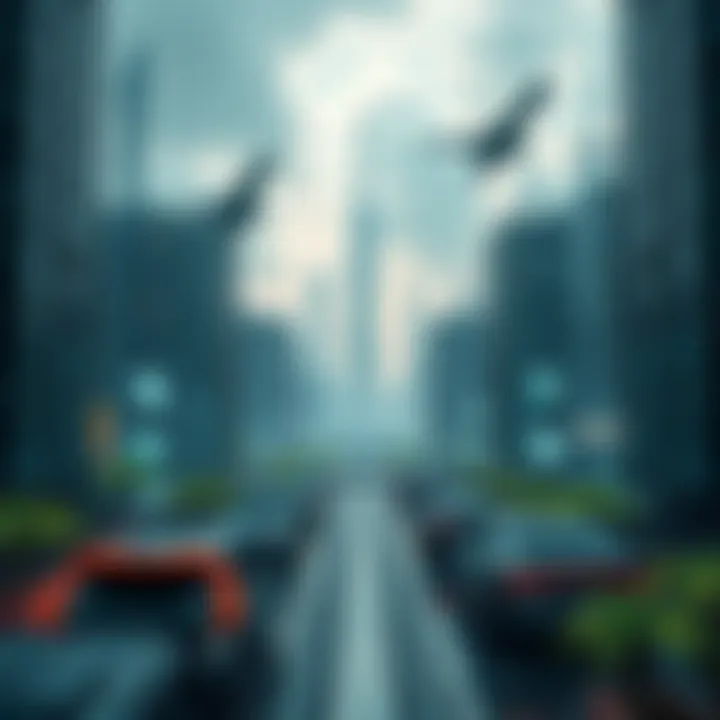 A futuristic city skyline with advanced technology, such as flying cars and green spaces, illustrating upcoming trends and lifestyles.