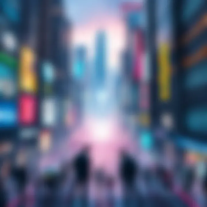 A futuristic city with advanced AI technology and robots interacting with humans in a vibrant urban setting.