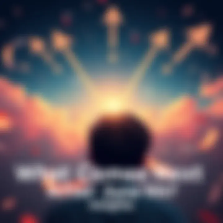 A person looking towards a bright horizon with arrows symbolizing direction and change in the air.