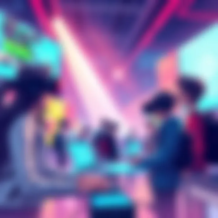 Future Gaming Innovations A vibrant illustration showing futuristic gaming technology and people engaging with virtual reality and digital screens in a colorful environment