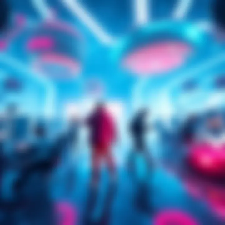 A futuristic gaming landscape showcasing immersive technology and diverse characters playing video games.