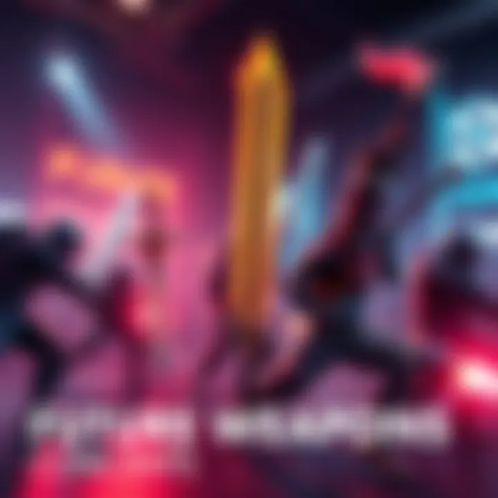 Concept art showcasing various melee weapons in an action-packed game setting