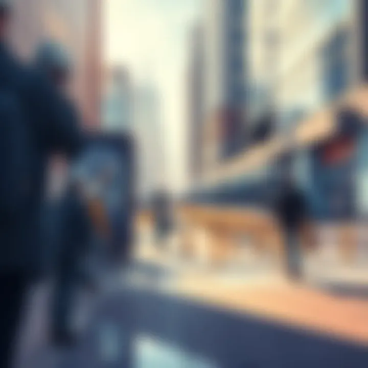 A concept illustration showing advanced movement technology, featuring people using innovative devices for mobility and interaction in an urban setting