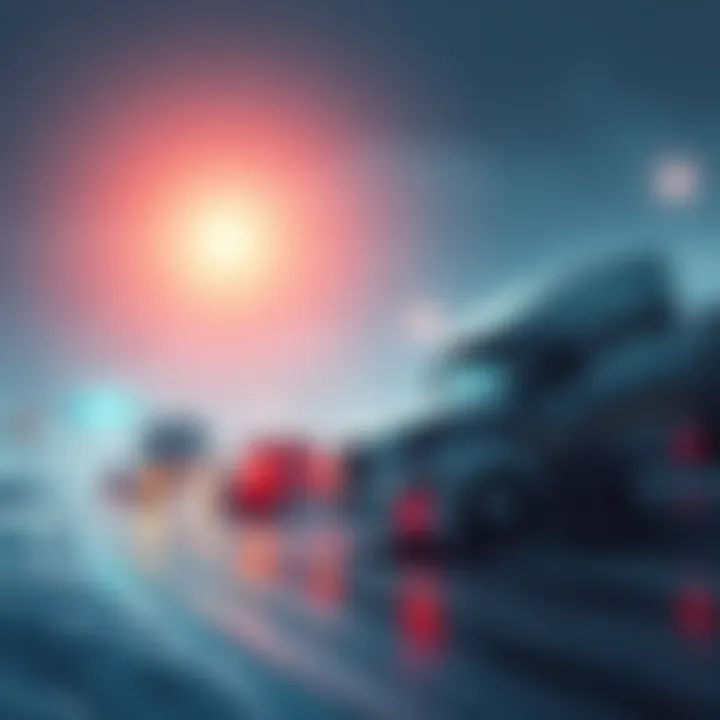 Visual representation of environmental concerns such as pollution and climate change impacting the future of transportation and industry.