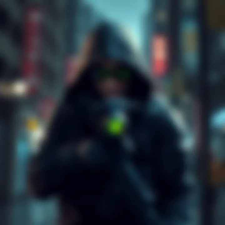 A shadowy figure wearing tactical gear, holding night vision goggles, represents the iconic spy character from the Splinter Cell series, set against a dark urban backdrop.