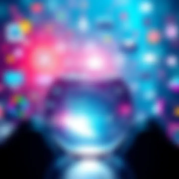 Future Predictions A crystal ball surrounded by futuristic icons symbolizing trends and innovations.