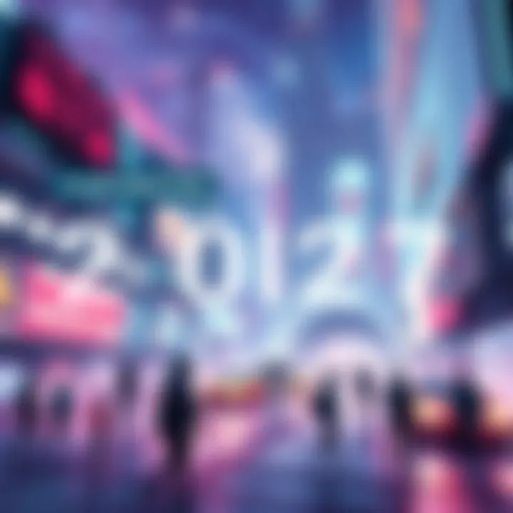An illustration showing a futuristic city with advanced technology and people interacting with robots, symbolizing the changes expected in 2027.