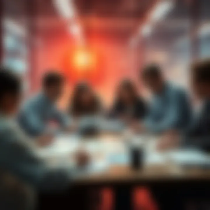 A group of people discussing future possibilities at a table with documents and charts.