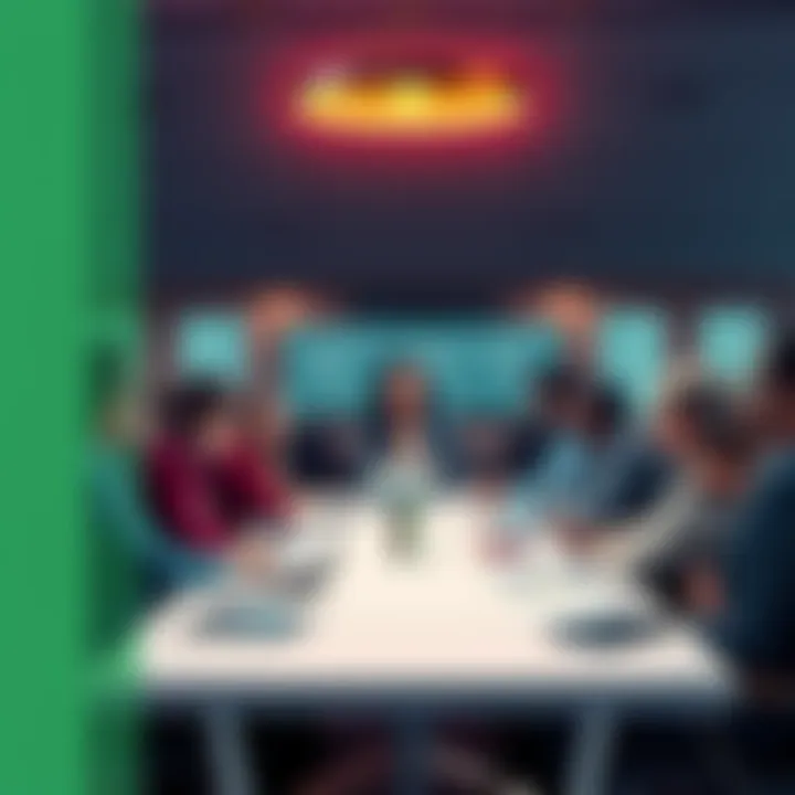 A group of people discussing ideas around a table, with papers and digital devices, representing diverse opinions about a character's future story.