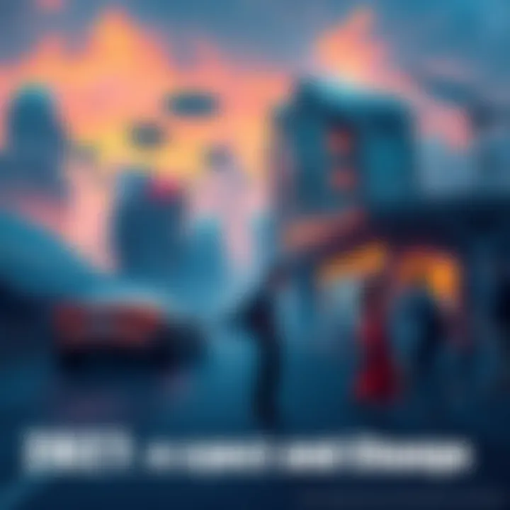 A futuristic cityscape with advanced technology, featuring flying cars, solar panels, and diverse people interacting in a vibrant community.