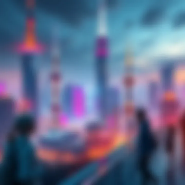 A futuristic city skyline with advanced technology and diverse people interacting