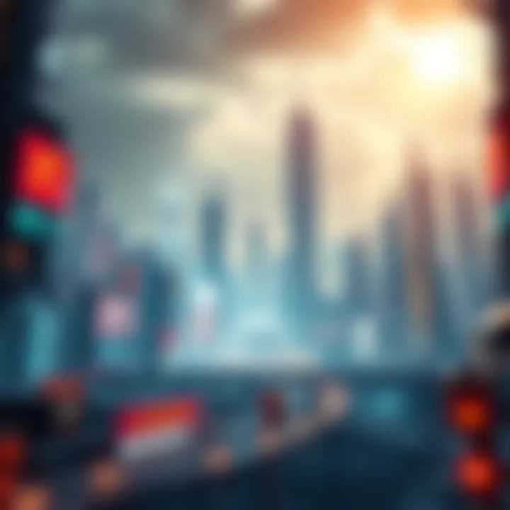 A futuristic cityscape representing the progress of Quartero Curious over the next decade, with bright lights and advanced technology.