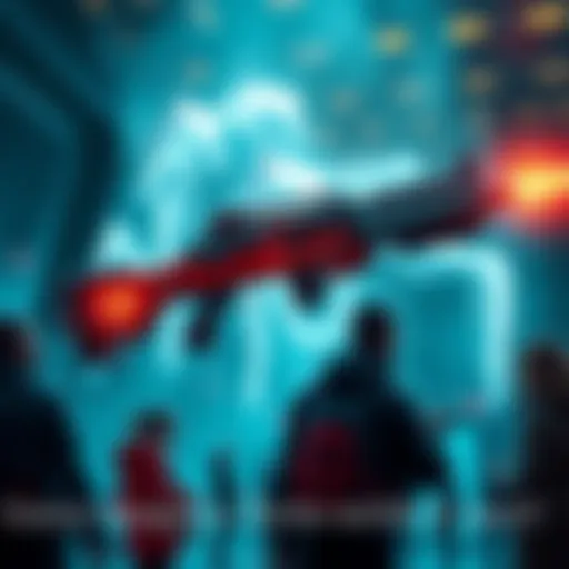 A futuristic weapon design showing advanced technology and features, with a group of people discussing their ideas for new weaponry.