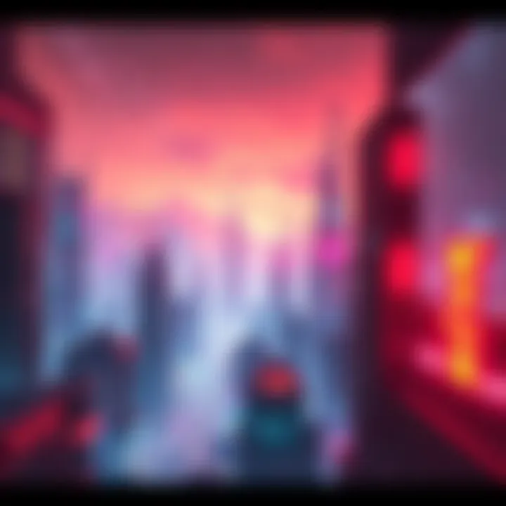 A vibrant cyberpunk city filled with neon lights and towering buildings under a starry sky