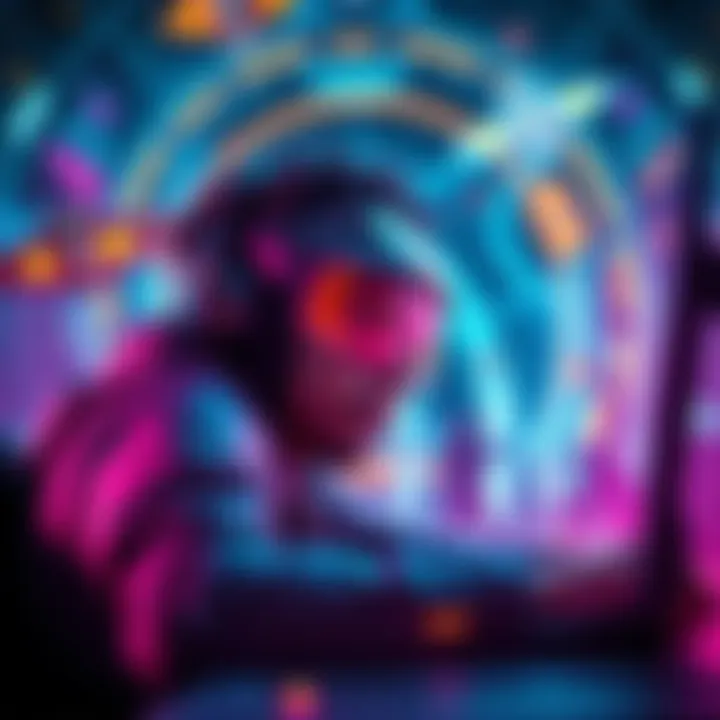 A player engaged in the game Marathon, surrounded by a neon-lit futuristic environment with spaceships and high-tech visuals