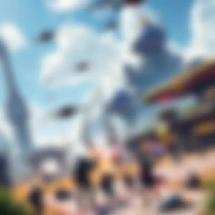 A vibrant futuristic landscape featuring flying vehicles, a player character engaging in action, and a lively community in an open world setting.