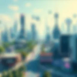 A bright and vibrant futuristic city with advanced architecture and green spaces, showcasing a utopian aesthetic.