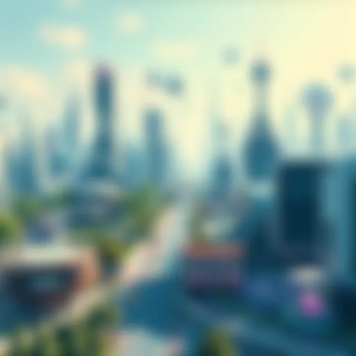 A bright and vibrant futuristic city with advanced architecture and green spaces, showcasing a utopian aesthetic.