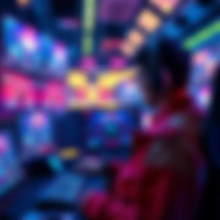 A gamer surrounded by advanced gaming gear and screens depicting vibrant graphics in a room filled with colorful lighting.