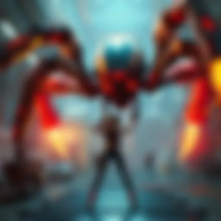 A futuristic top-down shooter scene featuring a playable female character battling a giant mechanical spider in an industrial setting.