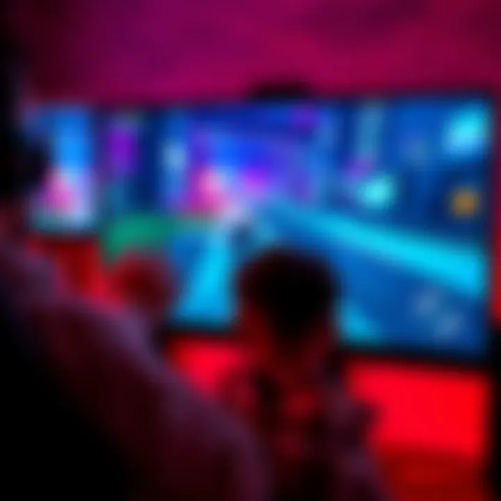 A gamer adjusting G-Sync settings on a computer monitor showing a game with screen tearing issues