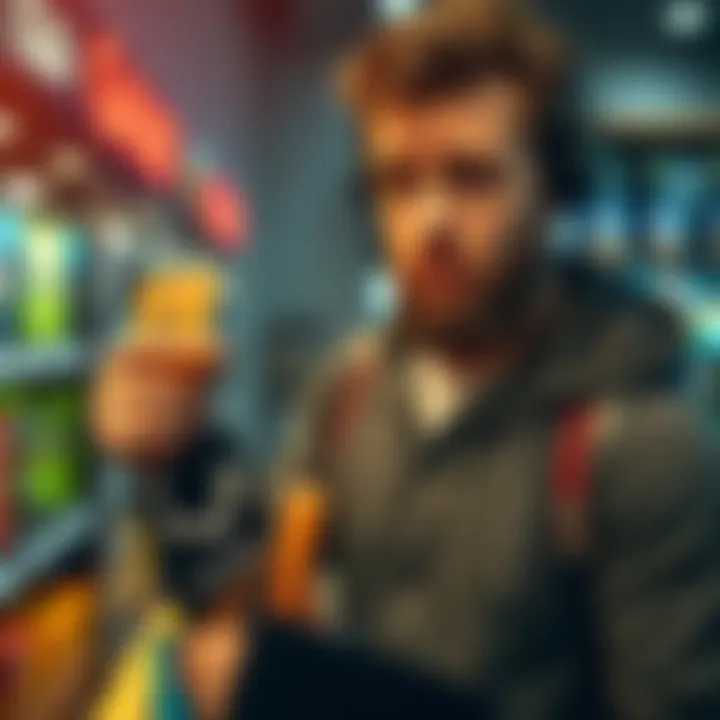 A frustrated shopper holding a Steam key with a worried expression, indicating a failed purchase experience on the G2A platform.