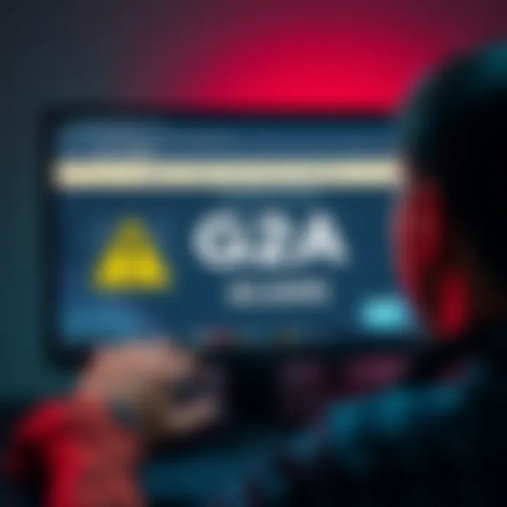 A person looking at a computer screen showing a G2A website with a warning symbol, illustrating online scams related to game keys