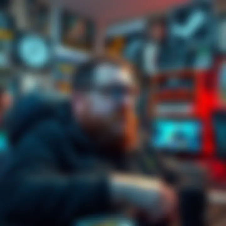 A portrait of Gabe Newell surrounded by gaming memorabilia, reflecting on the gaming community's future, with Steam logo in the background