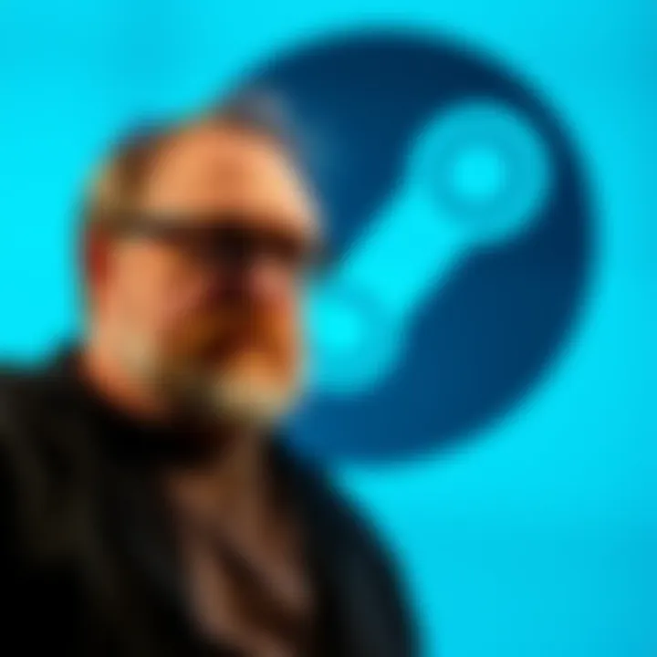 Gabe Newell stands with the Steam logo in the background, reflecting on the future of the gaming platform after his passing.