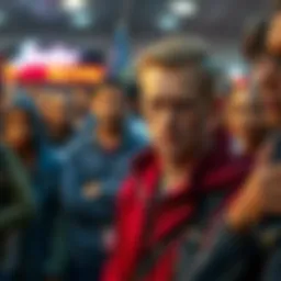 Gabe looks tense while standing in a crowd, with people nearby watching him with curious expressions.