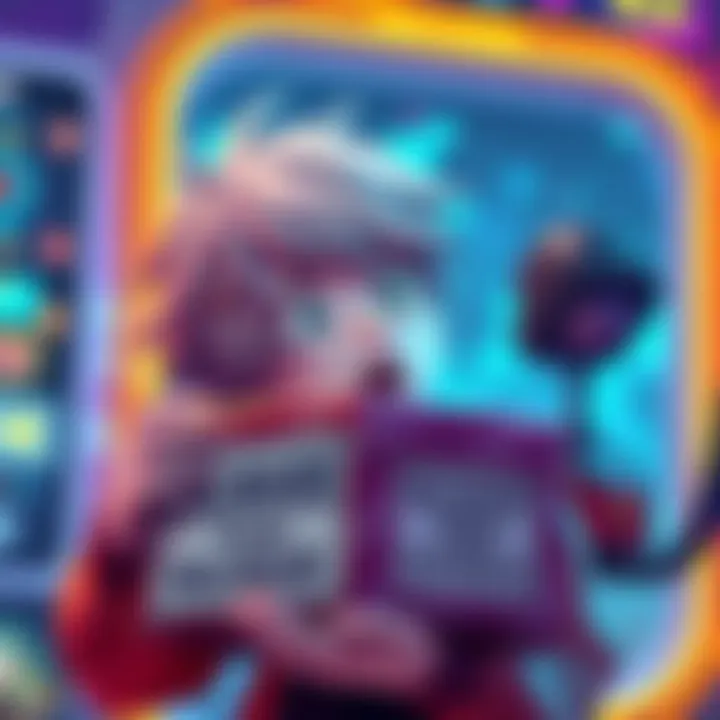 Gacha Game Loot Box A gacha game character looks surprised while holding a loot box. The scene shows a digital world with colorful graphics and a warning sign about malware.