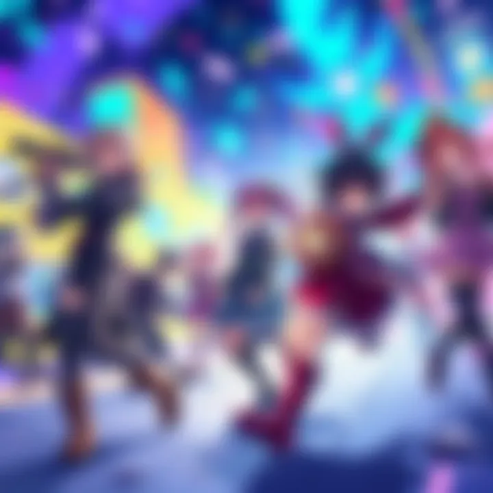Colorful characters from a gacha RPG game in action on a vibrant game background
