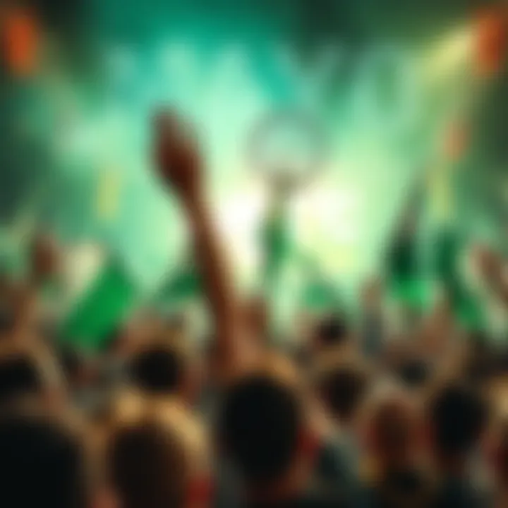 A lively crowd celebrating the launch of Gaelic Football Laochra with flags and banners, excited for Mayo's Sam Maguire trophy run.