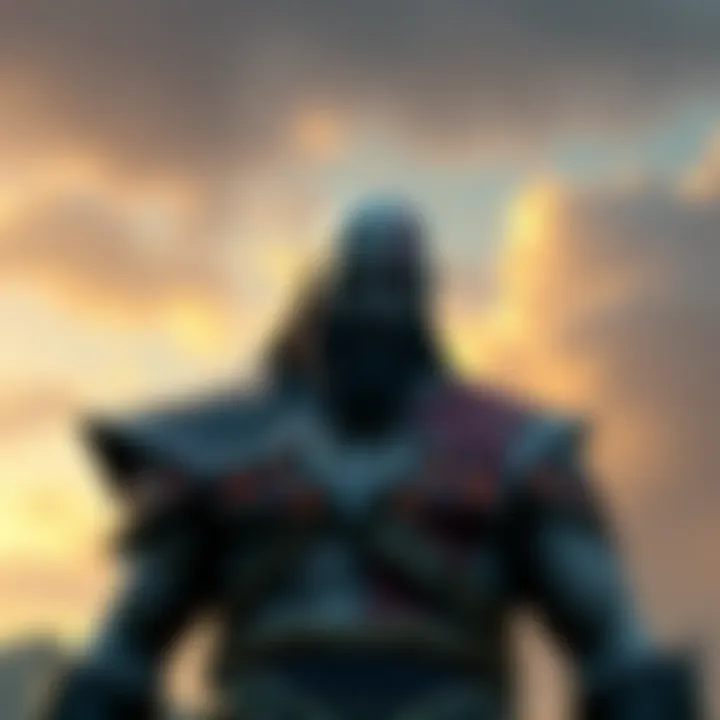 Gaia stands tall, facing Kratos with a serious expression. The backdrop shows a dramatic sky, hinting at conflict, with Kratos looking determined and ready for battle.