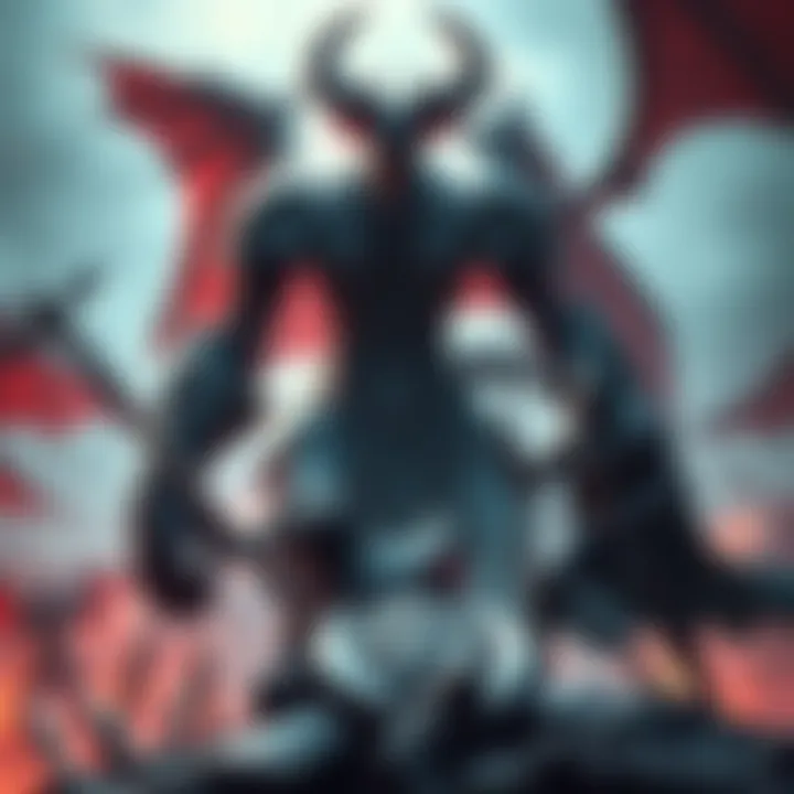 A fierce battle scene showing Gaismagorm, the Archdemon, towering over Black Knights wielding their Greataxe in Lordran against chaos demons.