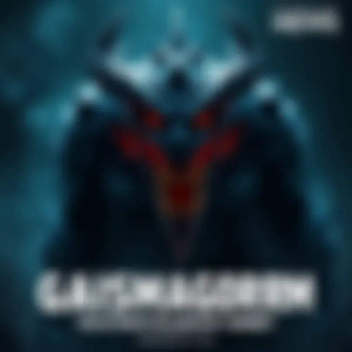Gaismagorm stands menacingly in a dark, shadowy landscape, showcasing his evil presence with piercing eyes and a sinister grin.