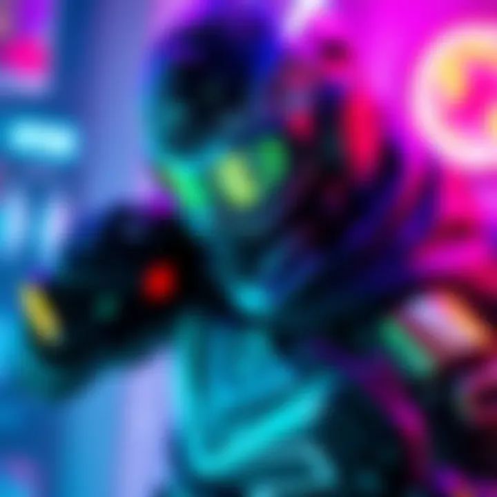 A character showcasing the new galactic skin with bright cosmic colors and a futuristic design in a gaming environment.