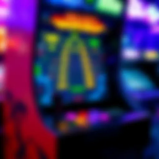 A close-up of a Galaxy Invader 1000 arcade machine with colorful graphics and retro design
