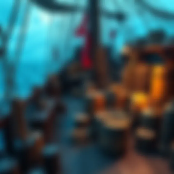 A galleon ship deck filled with various maritime supplies, including ropes, barrels, and navigation tools.