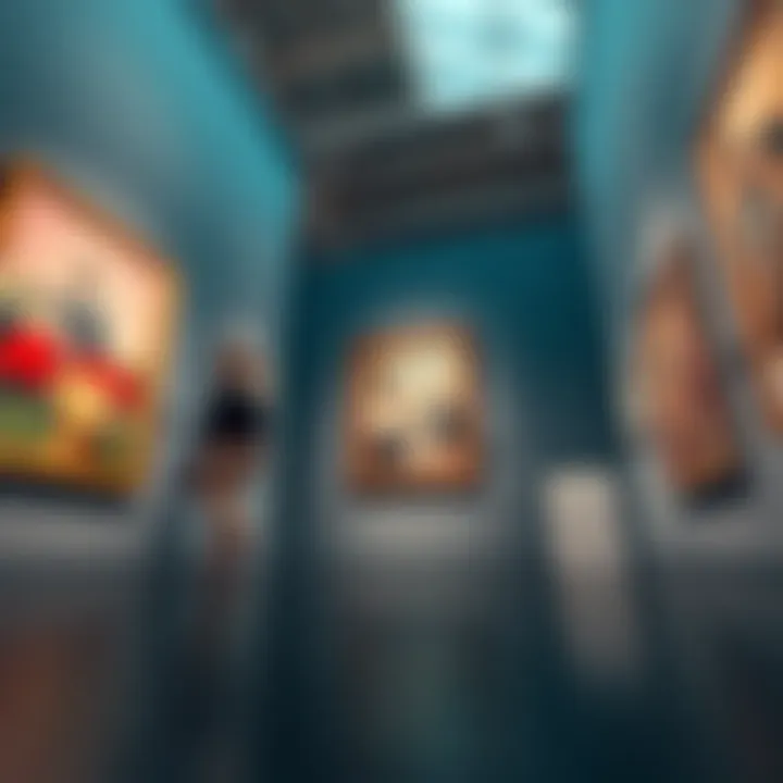 A close-up view of a gallery art piece taken from a low angle, showcasing the artwork's details and the surrounding space.