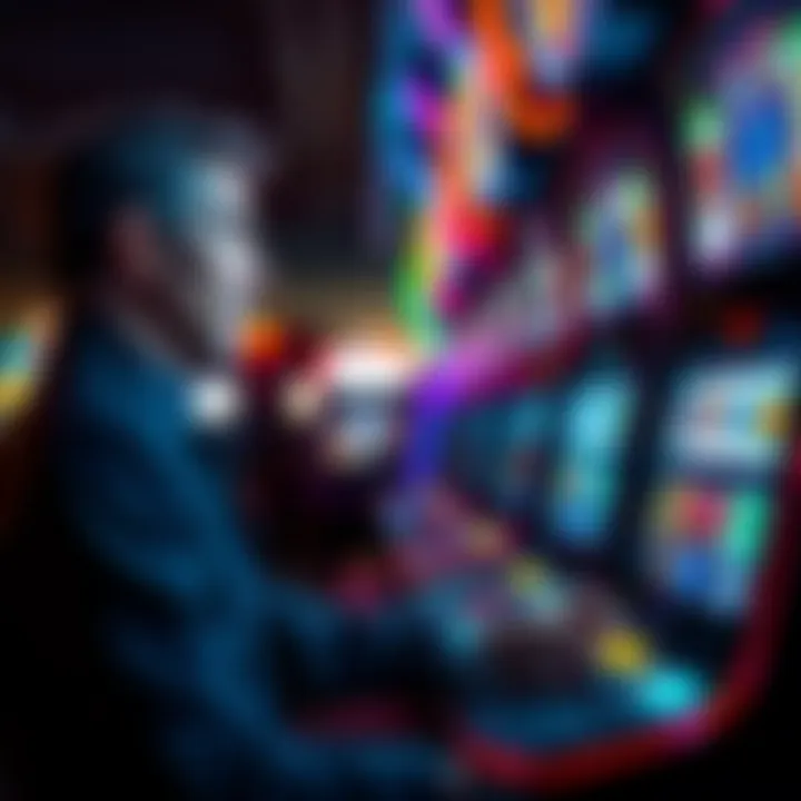Gambler at a casino slot machine A person pulling the lever of a slot machine, looking hopeful while colorful lights flash around them